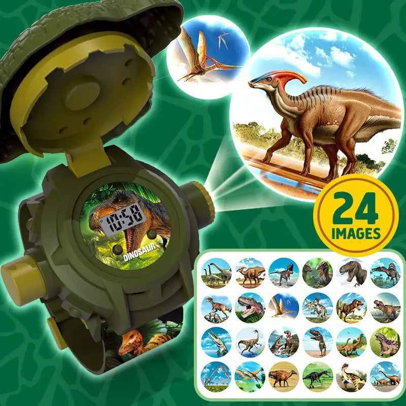 A dinosaur projector watch for kids showing a 3D dino head and 24 prehistoric images.