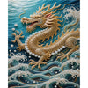 A golden dragon head emerging from blue wavy water, painted with pearls, on a textured wall decor canvas.