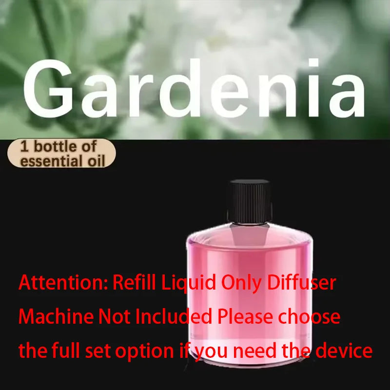 A pink bottle of Gardenia essential oil with a label instructing to refill liquid only diffuser machine not included.