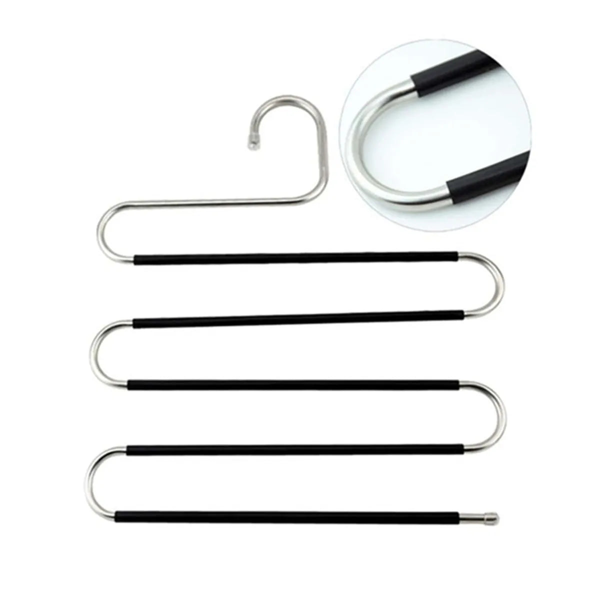 A silver and black S-shaped pants hanger with a non-slip storage rack.