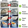 Imágenes de comparación antes y después de la restauración de faros de coche, mostrando reparación por amarillamiento, oxidac