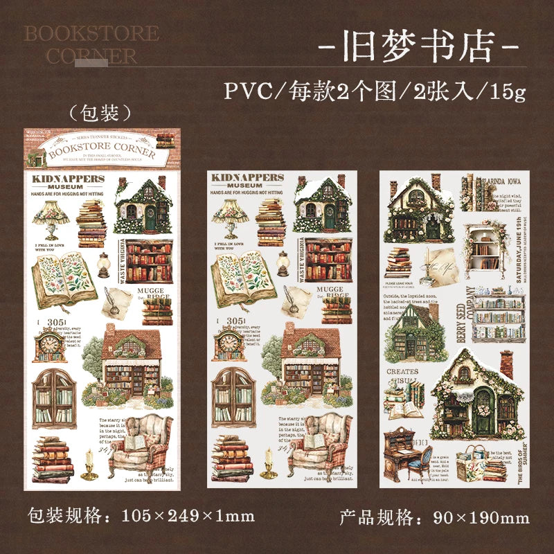 Set von 15 glänzenden PVC-Transferstickern mit Vintage-Buch- und Museumsszenen für Scrapbooking