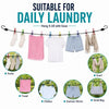 A travel clothesline with 12 clips is shown hanging various laundry items like shirts, towels, and socks for drying.