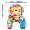 A colorful baby tummy time pillow play mat featuring a lion face and rattle toys.