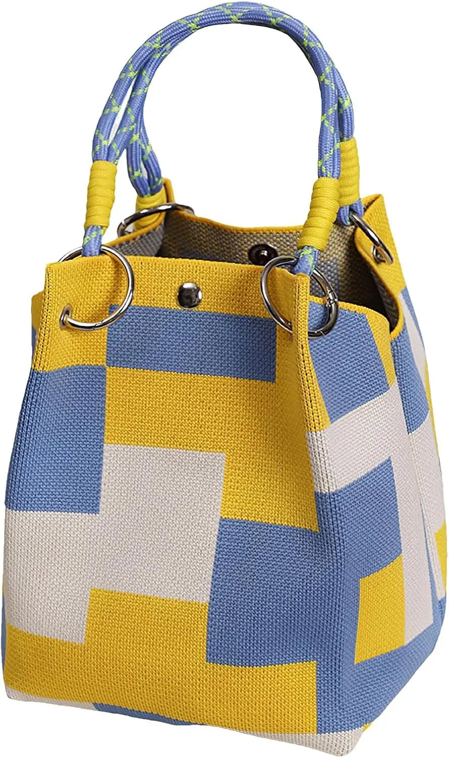 Mini Knitted Colorblock Bucket Bag with Detachable Handle