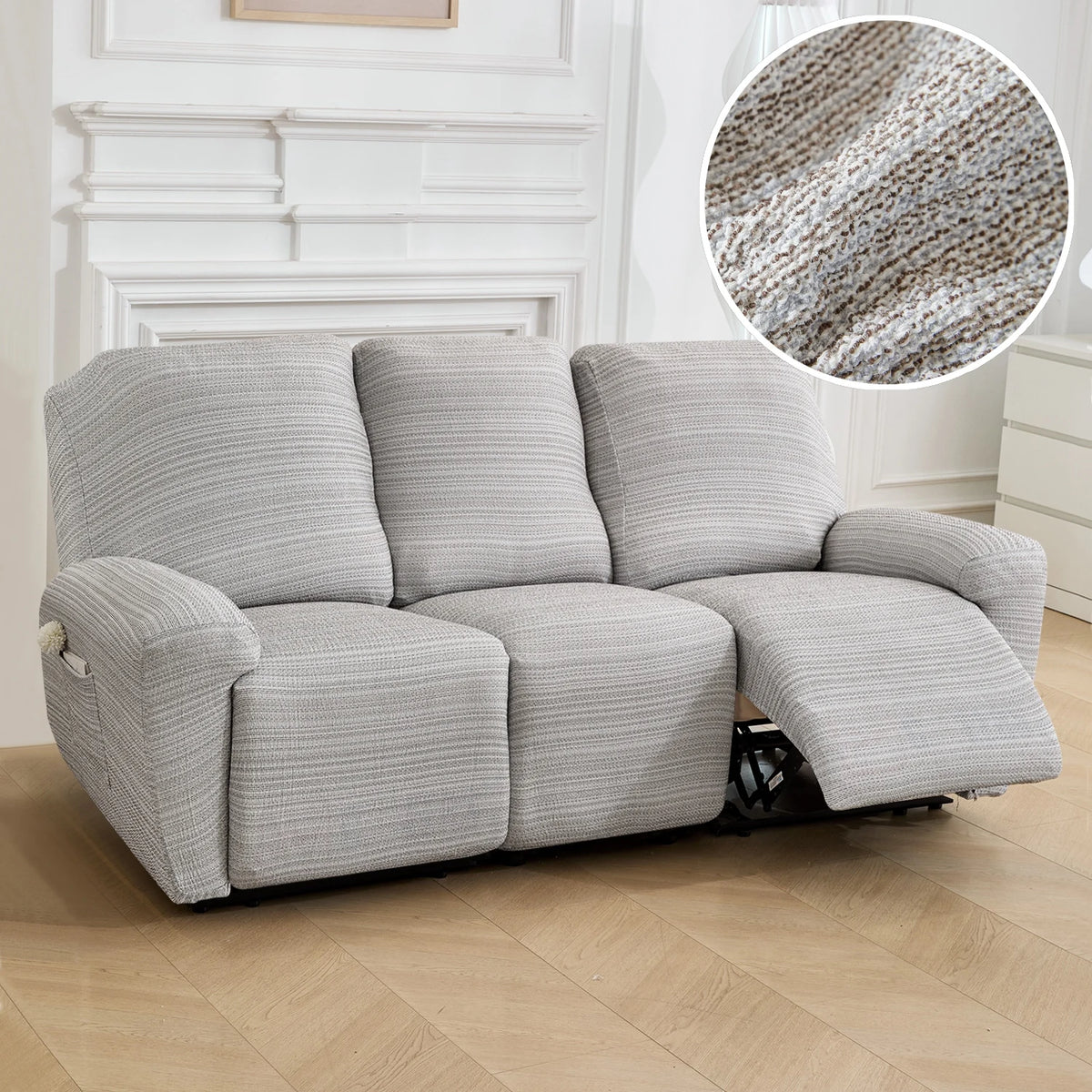 A light gray linen stretch sofa cover for recliners shown on a wooden floor.