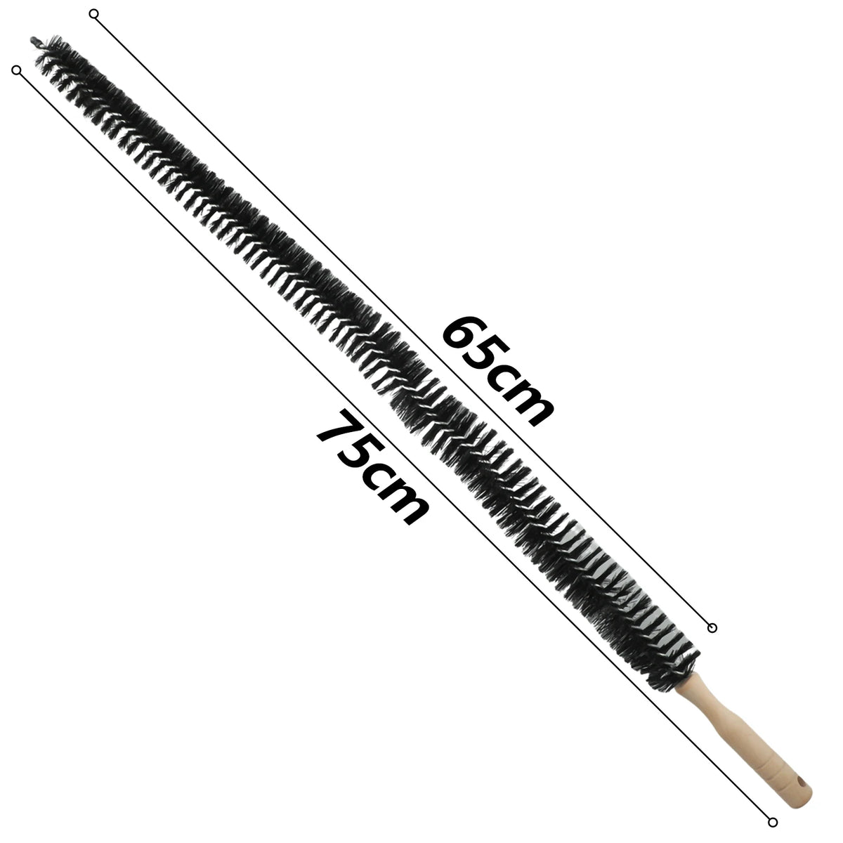 Brosse de nettoyage longue et flexible pour radiateur et aération à tête de poils noirs, vue en diagonale.