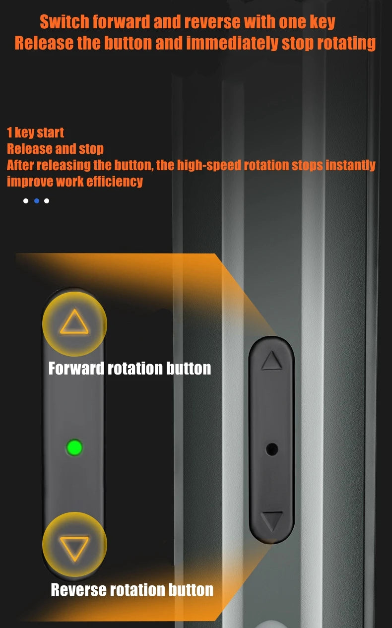 Close-up of a screwdriver control panel showing forward and reverse rotation buttons on a black device.