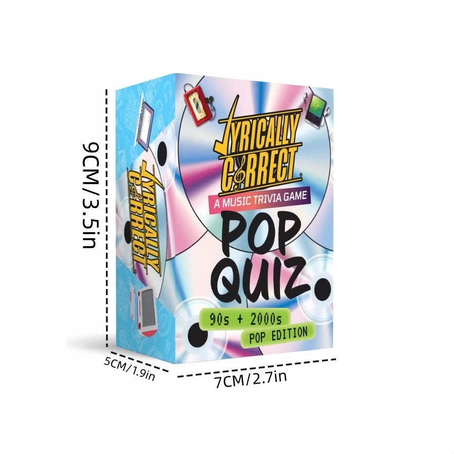 A box of the Lyrically Correct Pop Quiz music trivia game featuring cards and a title