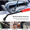A sturdy fastener remover tool made of iron bar and plastic handle used for removing stubborn fasteners on automotive trim.