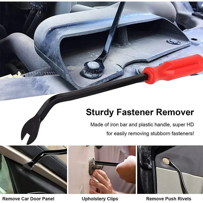 A sturdy fastener remover tool made of iron bar and plastic handle used for removing stubborn fasteners on automotive trim.