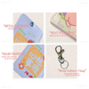 Close-up shots of a light pink PU leather card holder featuring various stitching and metal components.