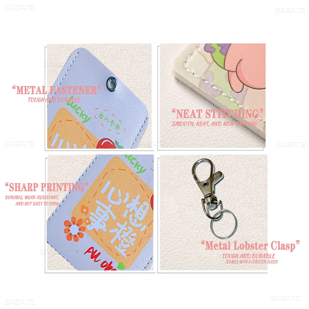 Close-up shots of a light pink PU leather card holder featuring various stitching and metal components.