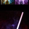 A white lightsaber with blue glow is shown piercing through dark, smoky background elements.