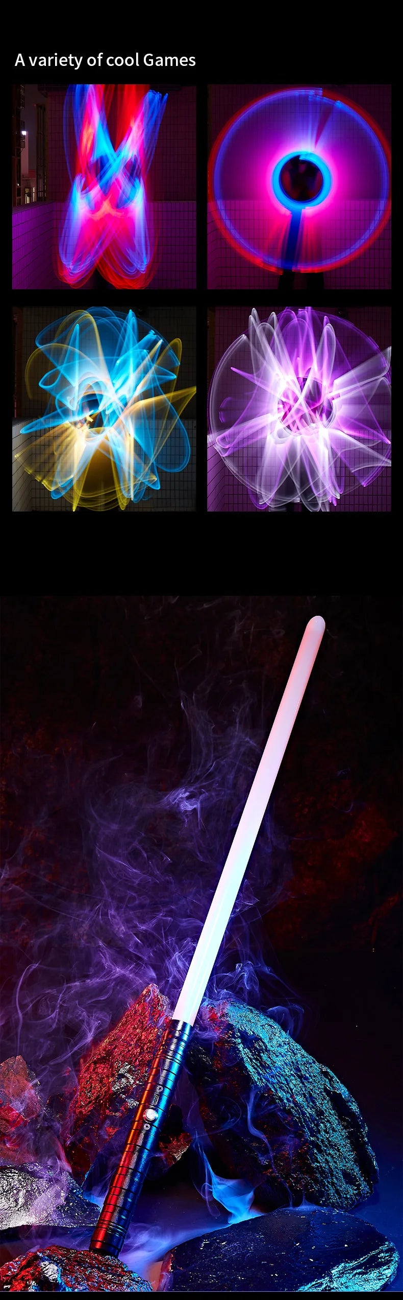 A white lightsaber with blue glow is shown piercing through dark, smoky background elements.