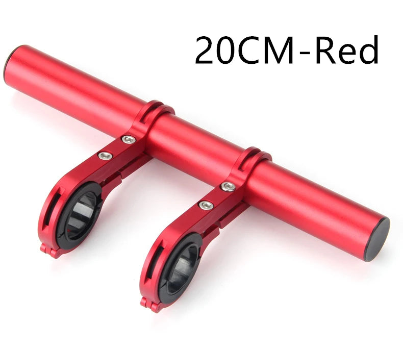 A red aluminum alloy bicycle handlebar extender mount with two mounting brackets.