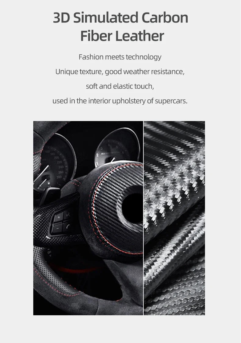 Close-up view of black carbon fiber leather upholstery material used in a supercar interior.