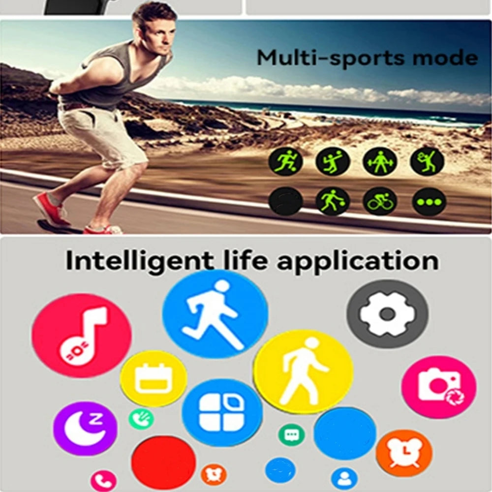 A smart watch interface showing multi-sports modes and an intelligent life application with various icons.