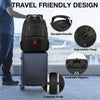 Black travel backpack features a durable handle, adjustable clasp, lockable zippers, and luggage strap.