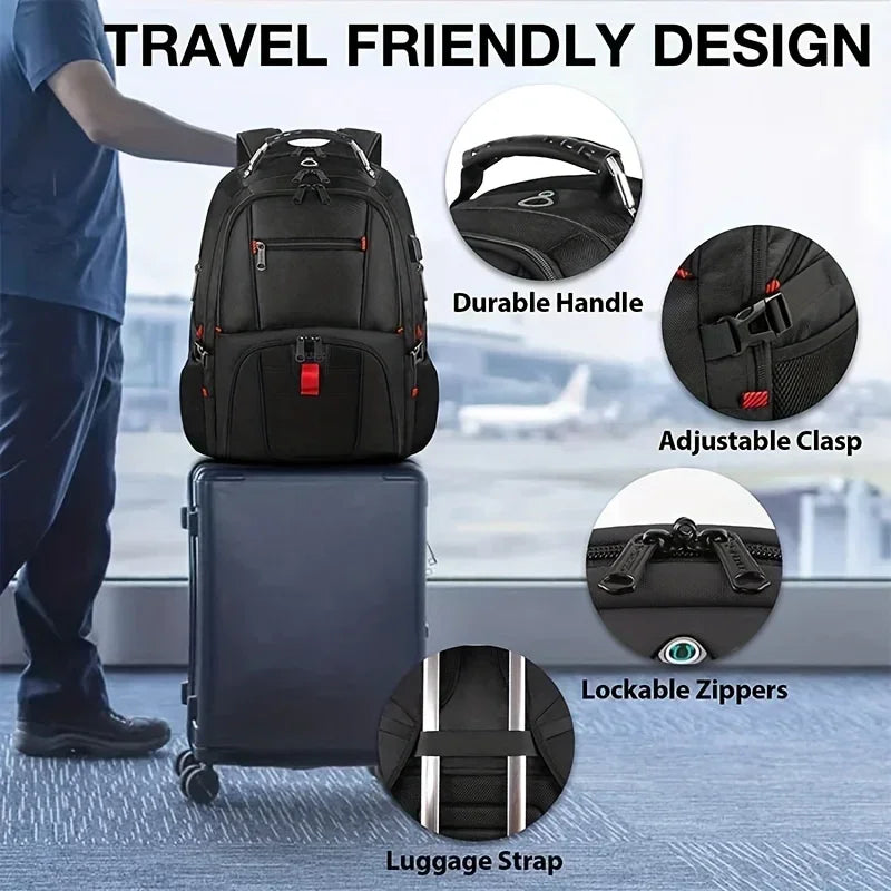 Black travel backpack features a durable handle, adjustable clasp, lockable zippers, and luggage strap.