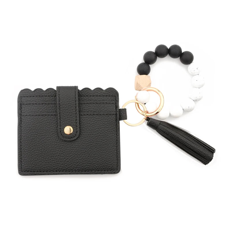 Silicone Bead Bracelet Leather Card Holder Wristlet