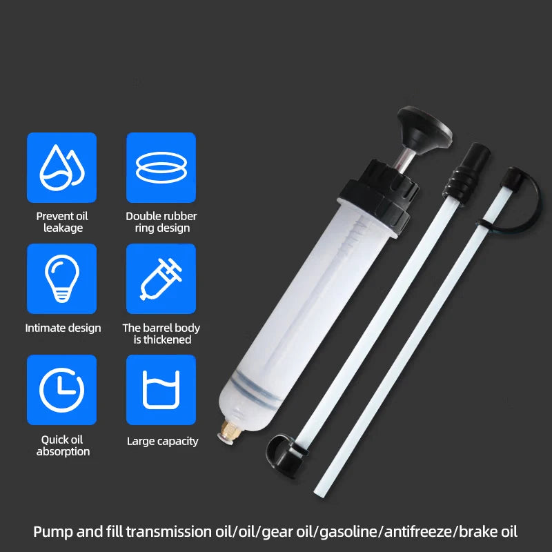 A white manual oil extractor pump with a long tube and plunger is shown next to various features icons.