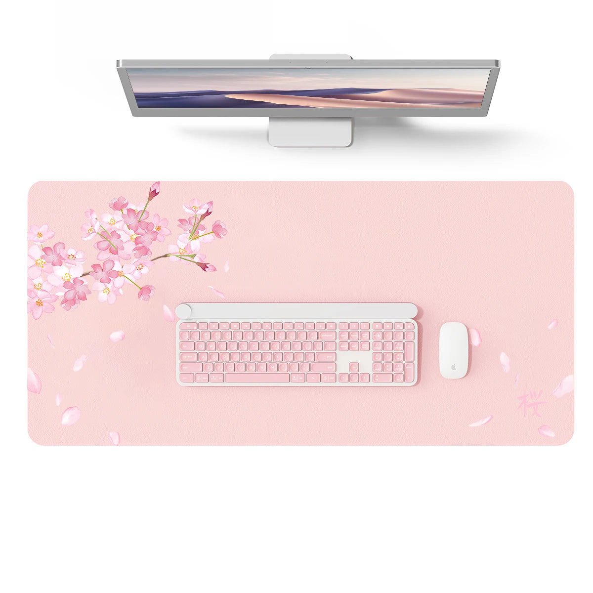 A pink waterproof PU leather desk pad featuring a white keyboard and mouse, with pink cherry blossoms in the background.