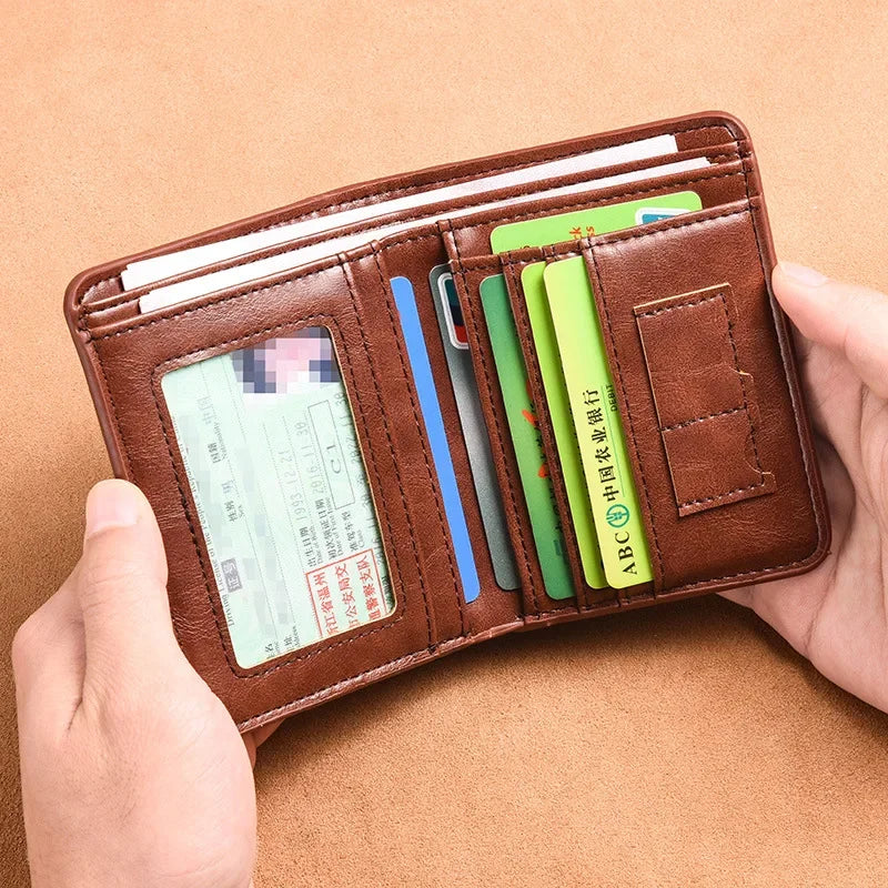 A brown slim PU leather card holder wallet filled with various cards and a credit card.