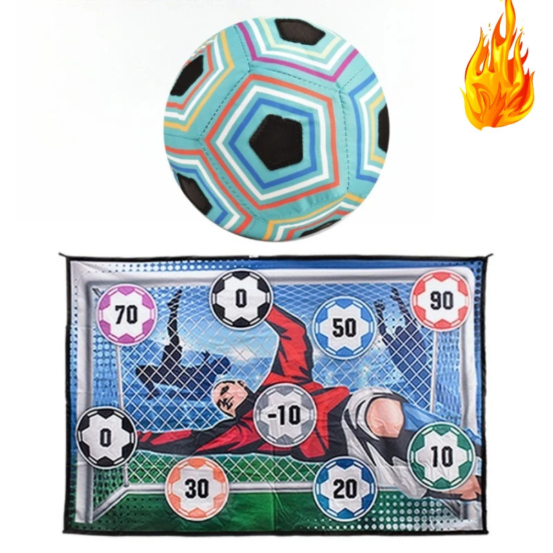 A portable soccer target game set featuring a soccer ball and a goal net with various score markings.