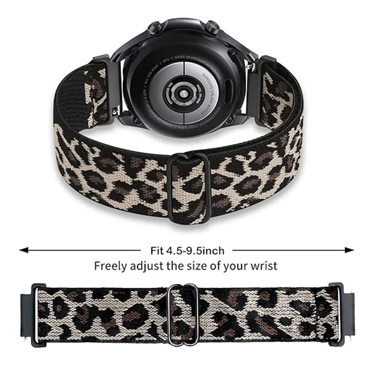 Reloj negro con correa deportiva de silicona estampado de leopardo sobre fondo blanco.