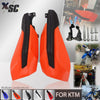 Orange and black motorcycle handguards with aluminum alloy mounts shown in various combinations for KTM motorcycles