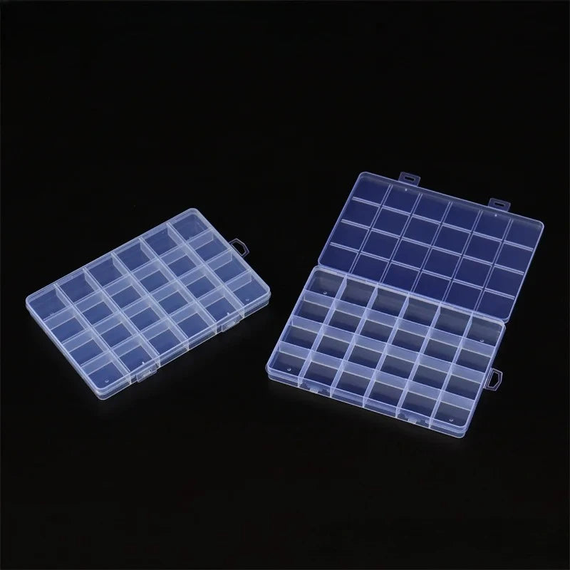 A transparent multi-compartment storage box with fixed dividers shown in two views.
