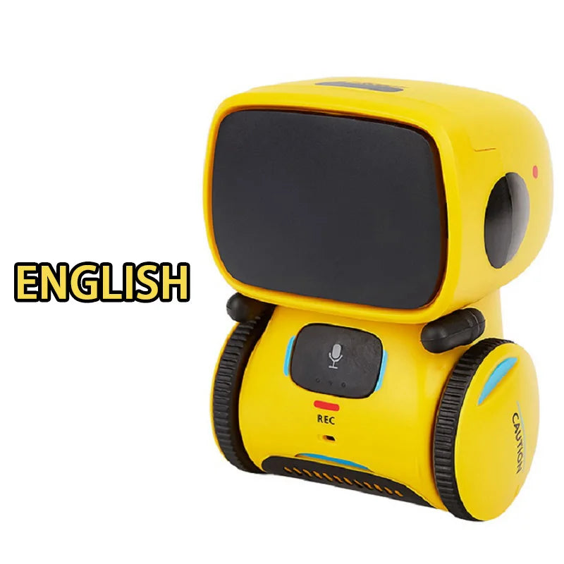 A yellow interactive voice-controlled robot toy with a black screen and audio features.