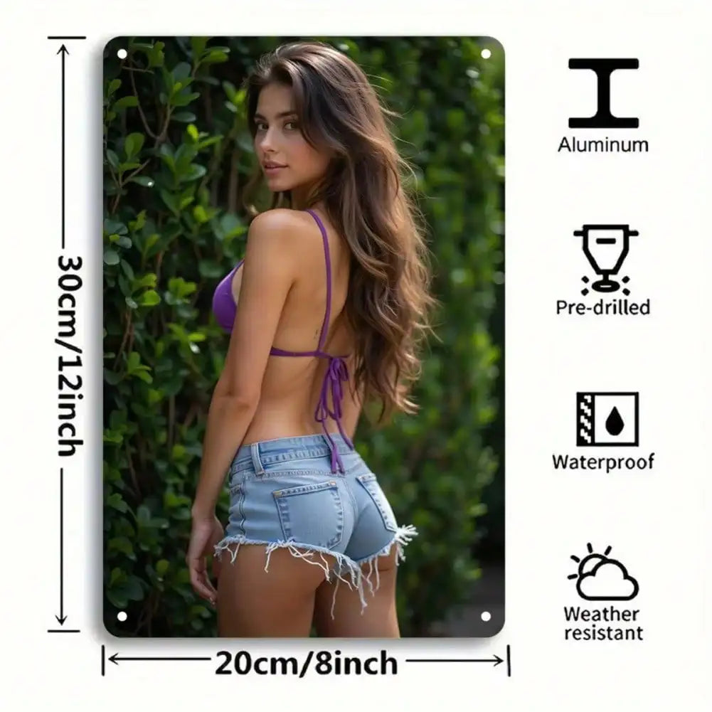 A woman wearing a purple top poses in front of green foliage, displayed on an aluminum wall art sign.
