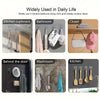 A set of clear heavy-duty self-adhesive wall hooks used for various household and decorative purposes.