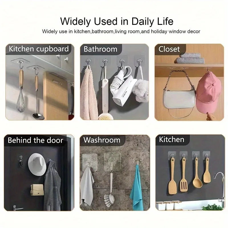 A set of clear heavy-duty self-adhesive wall hooks used for various household and decorative purposes.