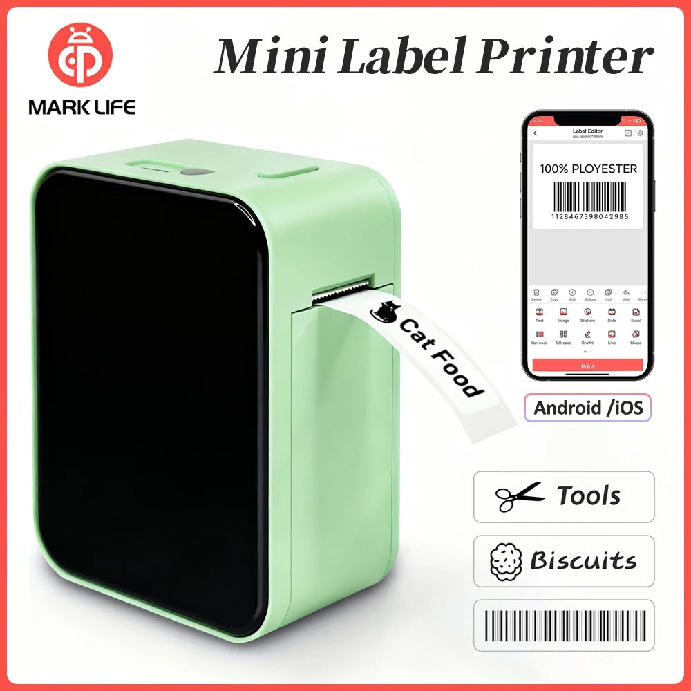 Imprimante d'étiquettes mini verte avec écran et rouleau, à côté d'aliments.