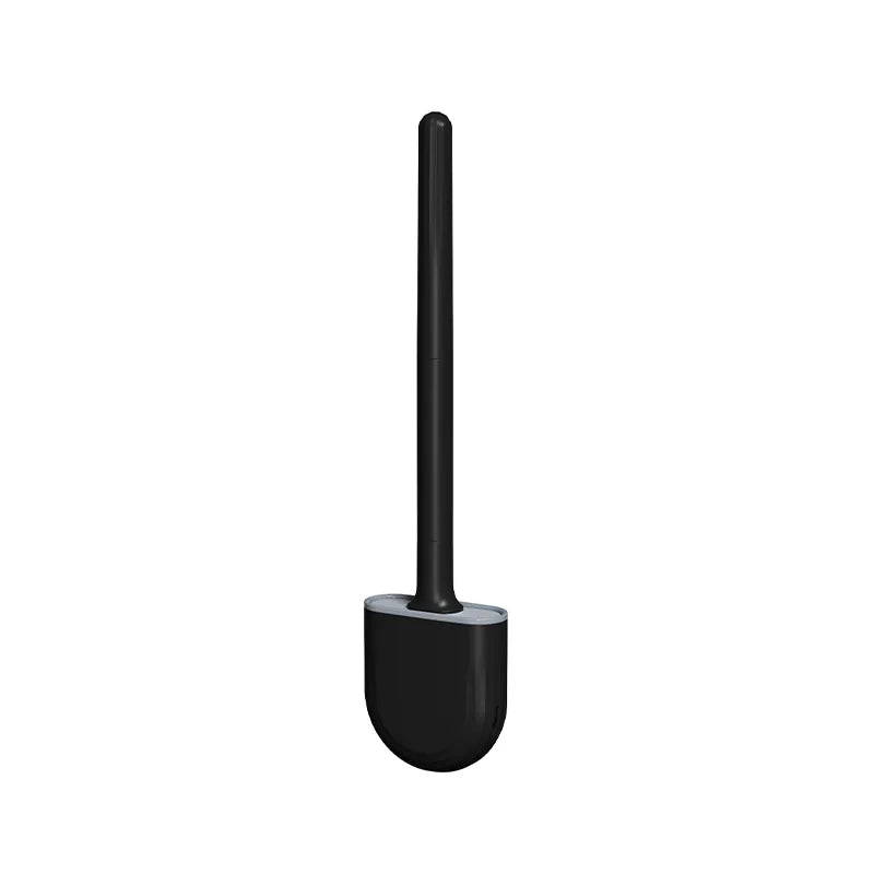 A black silicone toilet brush with a wall-mount holder.
