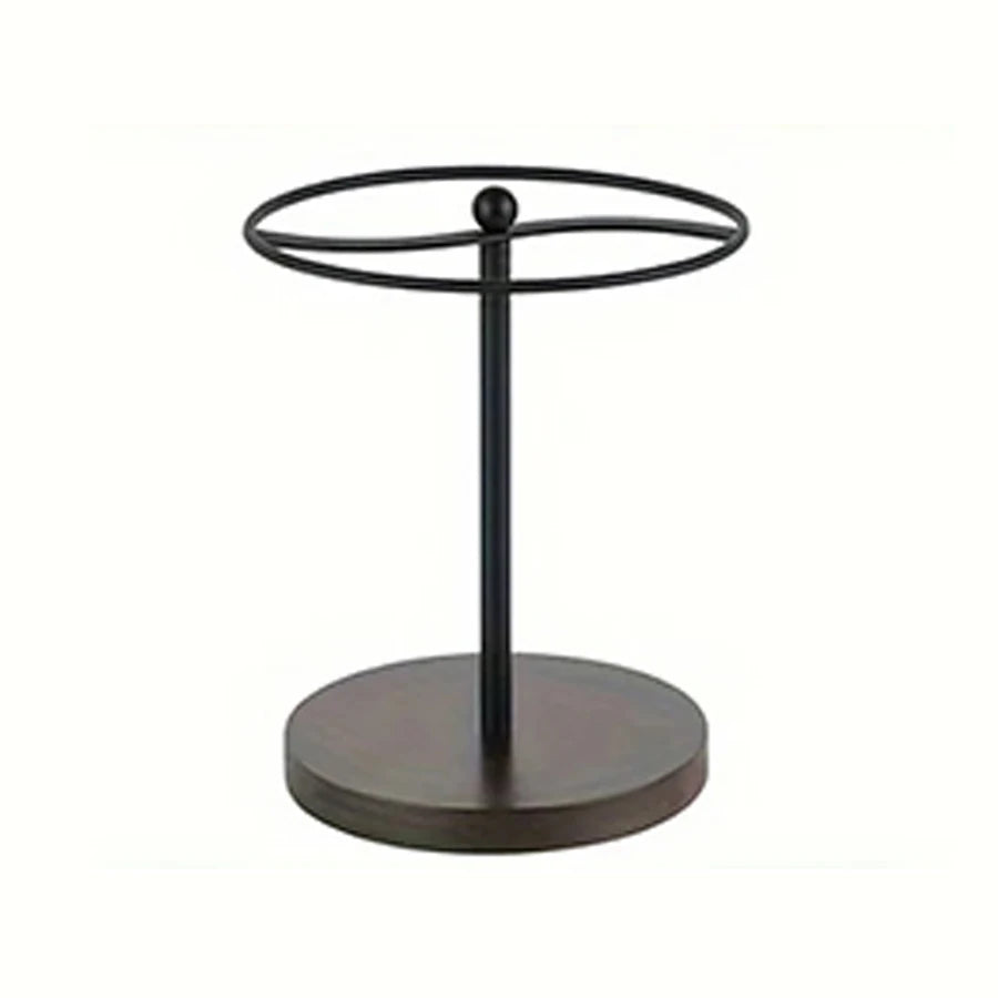 Black metal sunglasses organizer stand with a circular frame and wooden base