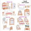 A collection of miniature dollhouse furniture including kitchen, bathroom, bedroom, and living room sets in light wood tones.