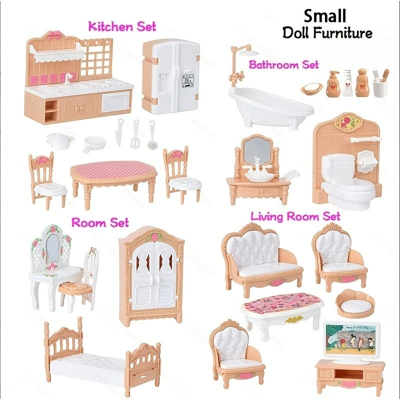 A collection of miniature dollhouse furniture including kitchen, bathroom, bedroom, and living room sets in light wood tones.