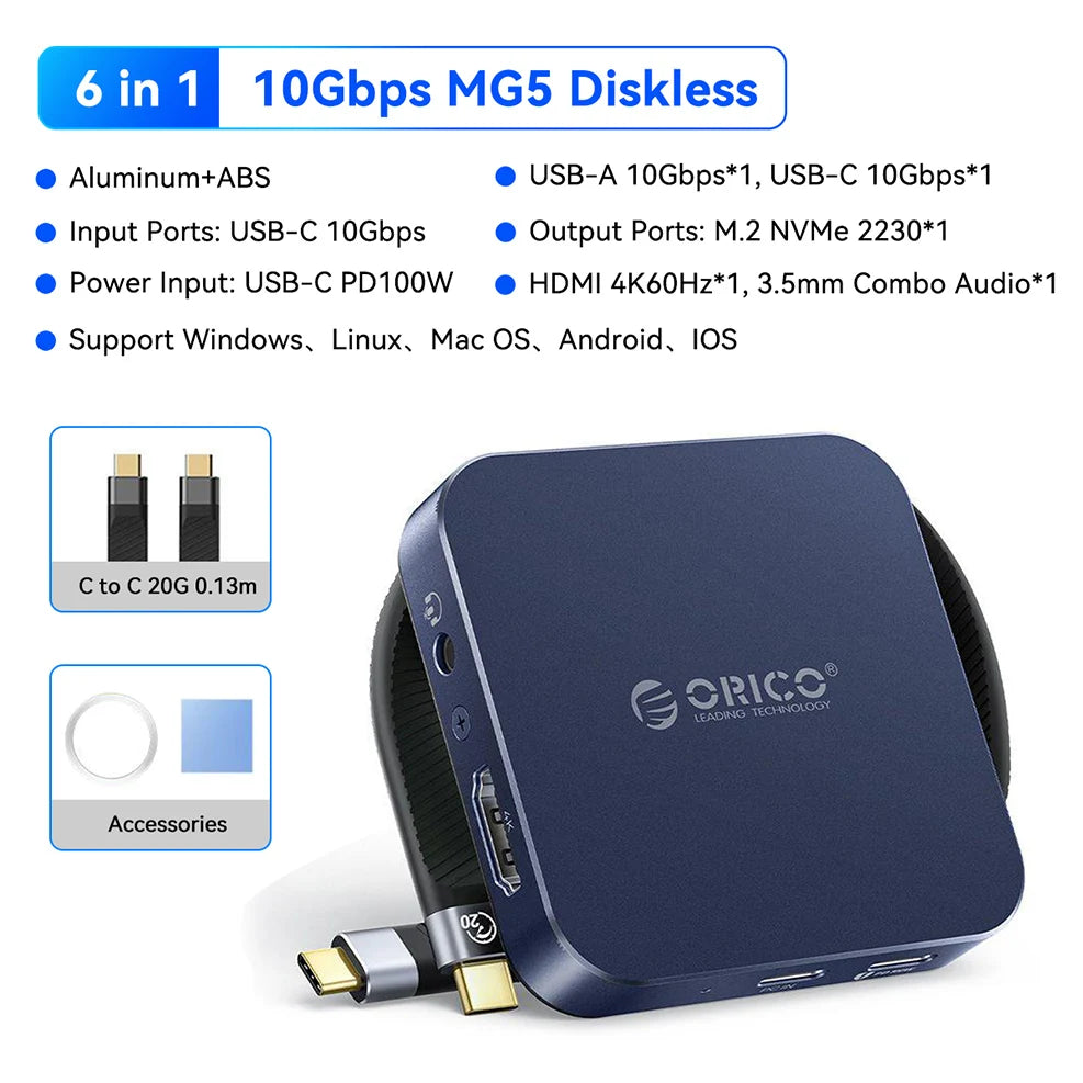 Boîtier NVMe SSD magnétique bleu foncé avec divers ports et accessoires sur fond blanc.