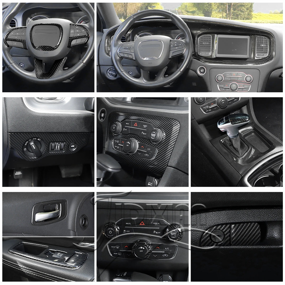 Interior trim kit for a Dodge Charger showing various carbon fiber accents and components.
