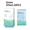 A package of green disposable toilet seat covers, showing a box and individual packets.