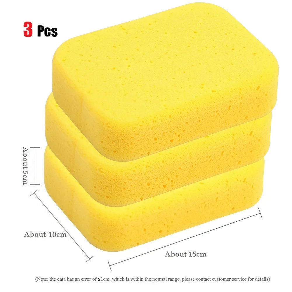 Three yellow high-density car wash sponges stacked together for auto detailing