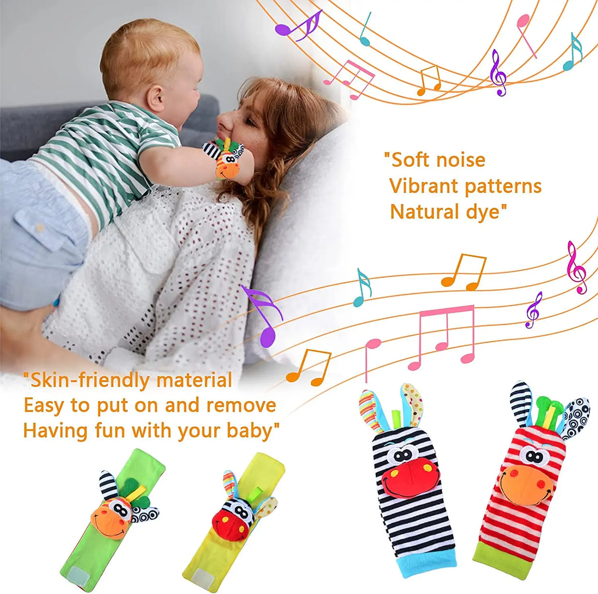Baby Wrist Rattles and Animal Socks Set for Sensory Development