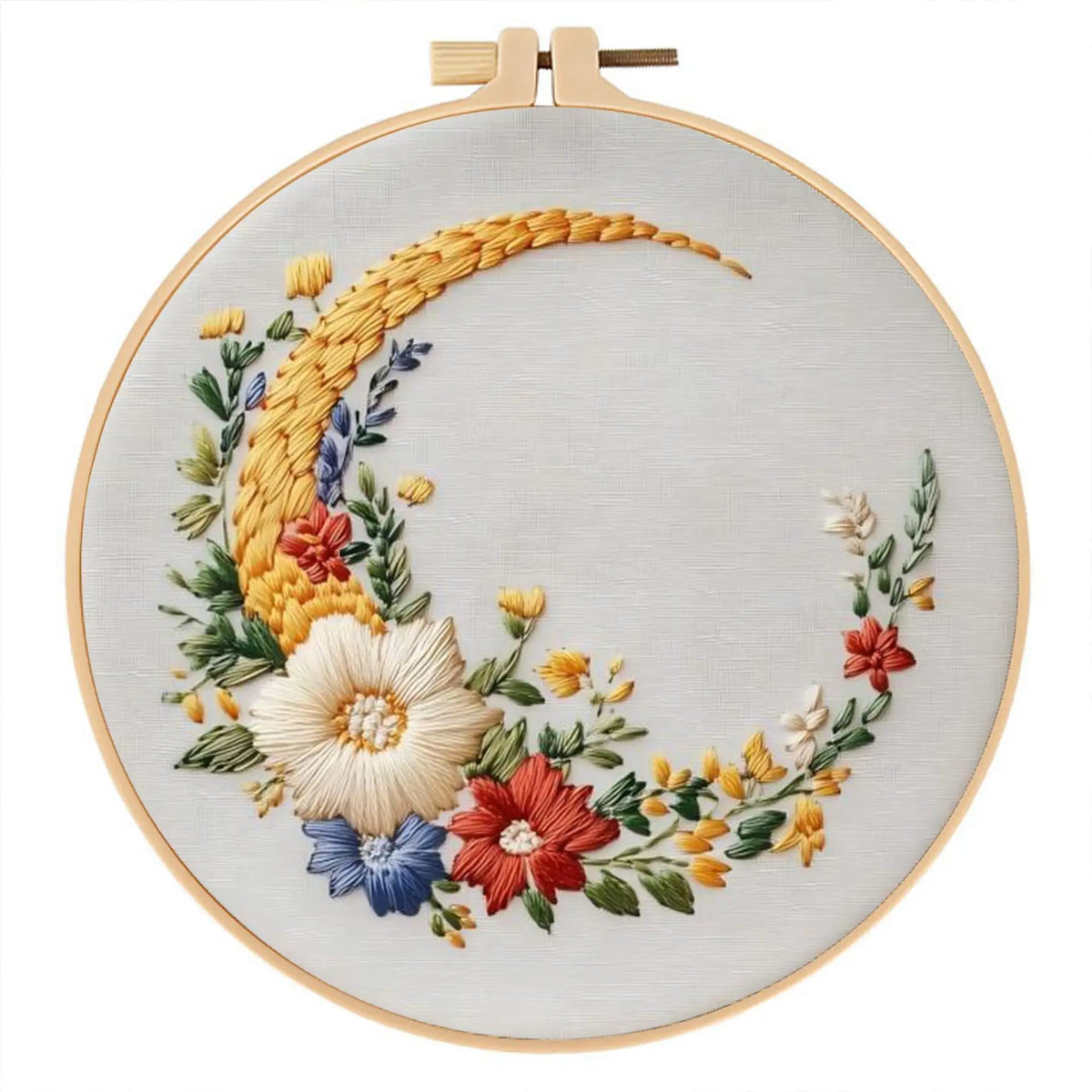 DIY embroidery kit featuring a golden butterfly and silver moon design on a round canvas.