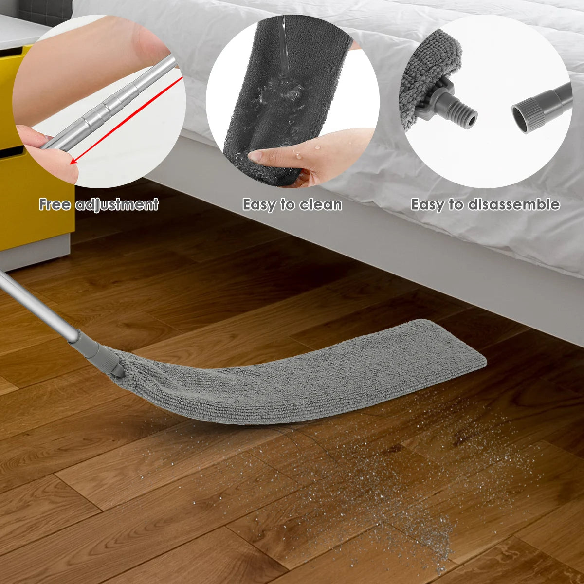 A microfiber duster is shown cleaning a wooden floor, highlighting features like free adjustment, easy cleaning, and disassem