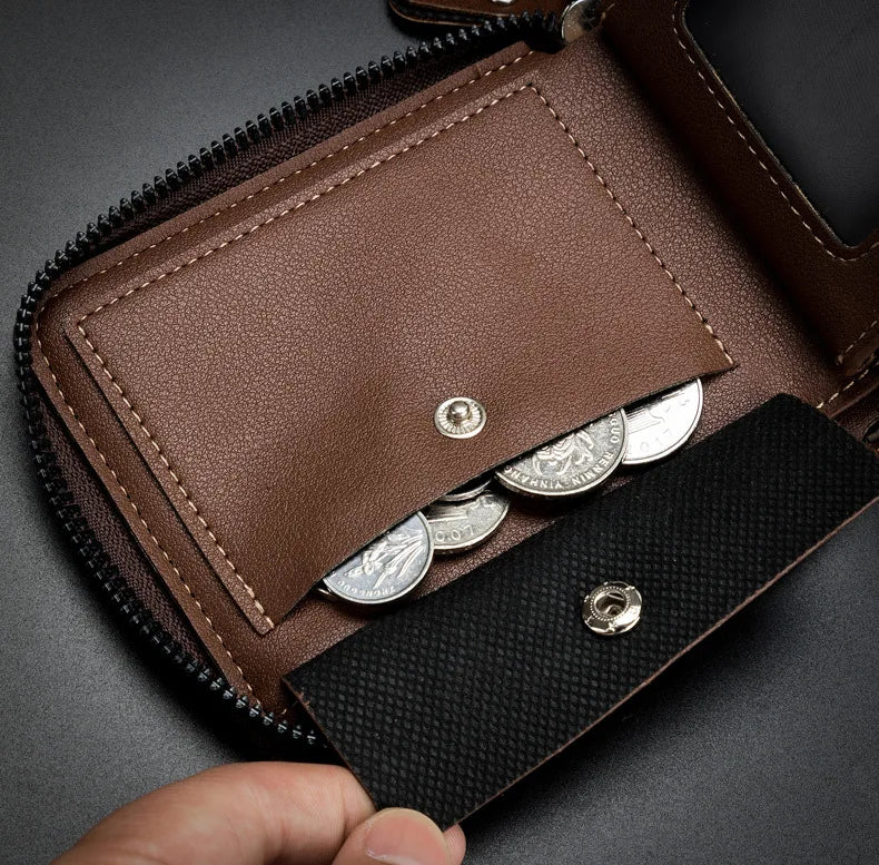Men's Retro PU Leather Bifold Wallet with Zipper and Coin Pocket