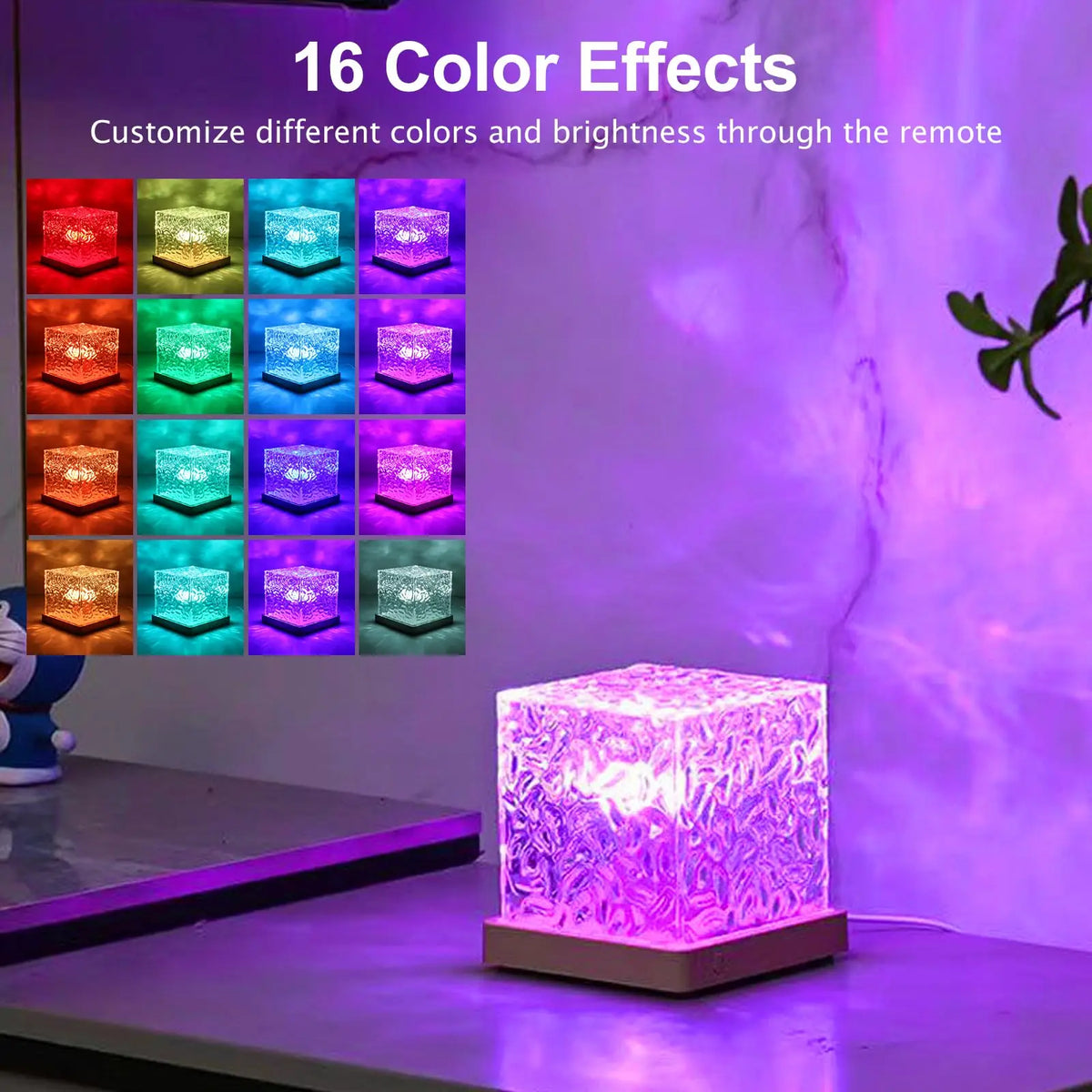 A purple LED cube light projector displays 16 different color effects on a white background.